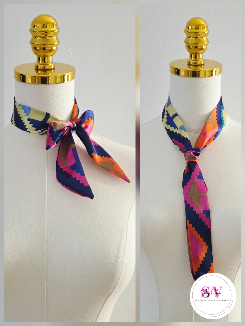 Multi-colored scarf/headband with geometric zigzag pattern.